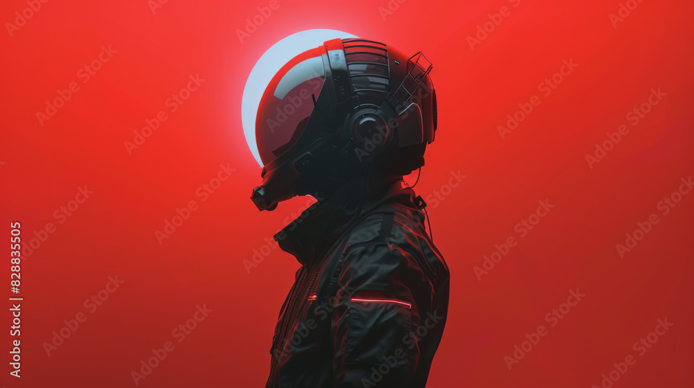 A man in a black suit with a helmet on his head stands in front of a red backgro A man in a black suit with a helmet on his head stands in front of a red backgro