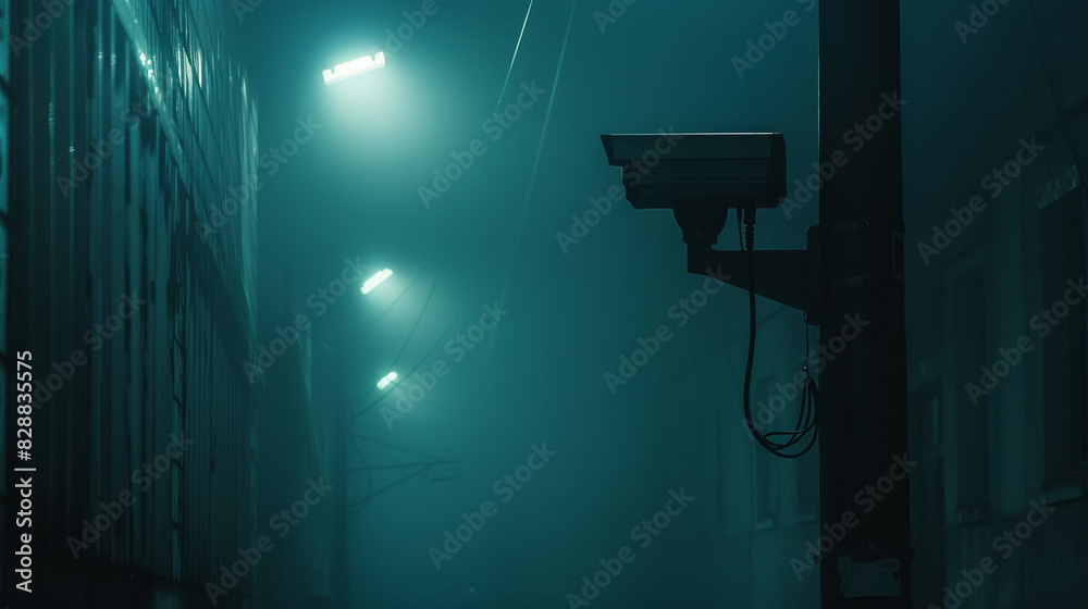 Moody Photo of AI Surveillance, in an Urban Environment, with Moody Street Lighting, from a Suspenseful Angle, Eliciting Feelings of Intrigue and Privacy Concerns Moody Photo of AI Surveillance, in an Urban Environment, with Moody Street Lighting, from a Suspenseful Angle, Eliciting Feelings of Intrigue and Privacy Concerns