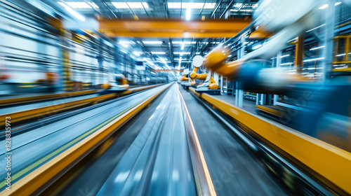 Motion Blur Photo of Robotics in Action, in a Manufacturing Facility, with Blurred Motion Effects, from a Motion Blur Angle, Capturing Dynamic Movement and Efficiency © IntelliPixel