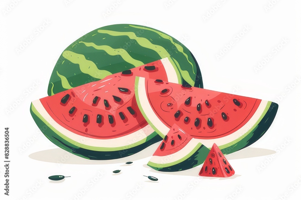 Illustration of Whole and Sliced Watermelon