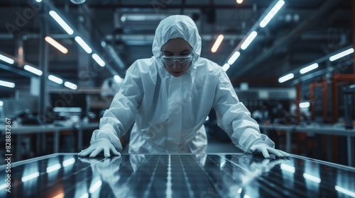 Worker in protective suit monitoring thin-film solar panel production in cleanroom
