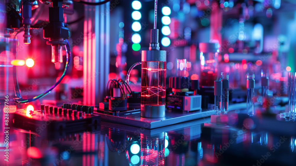 Reflection Photo of Quantum Computing Experiment, in a Scientific Laboratory, with Glass Surfaces and Neon Lights, from a Reflective Angle, Symbolizing Insight and Innovation Reflection Photo of Quantum Computing Experiment, in a Scientific Laboratory, with Glass Surfaces and Neon Lights, from a Reflective Angle, Symbolizing Insight and Innovation