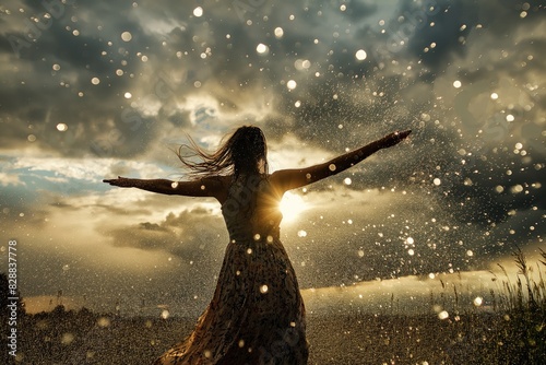 a woman in a field with her arms outstretched in the rain