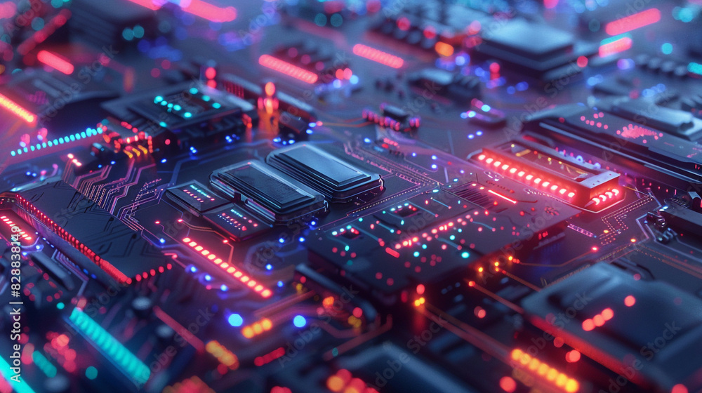 Fototapeta premium Sleek and futuristic depiction of technology and engineering showcasing minimalist design with intricate details against a background of glowing neon lights and digital displays
