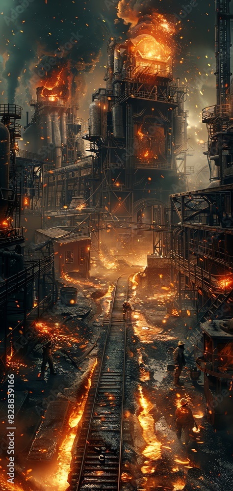 Industrial landscape engulfed in flames; a dystopian scenario featuring a burning factory with dramatic, fiery destruction. Industrial landscape engulfed in flames; a dystopian scenario featuring a burning factory with dramatic, fiery destruction.