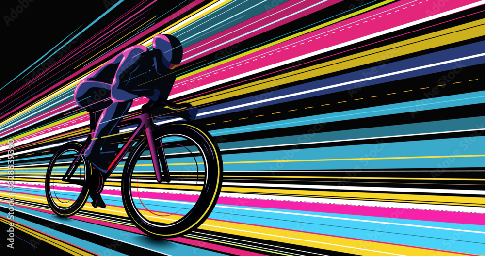 Obraz premium Cycling race competition poster design vector illustration. Cyclist acceleration with colorful motion trails.