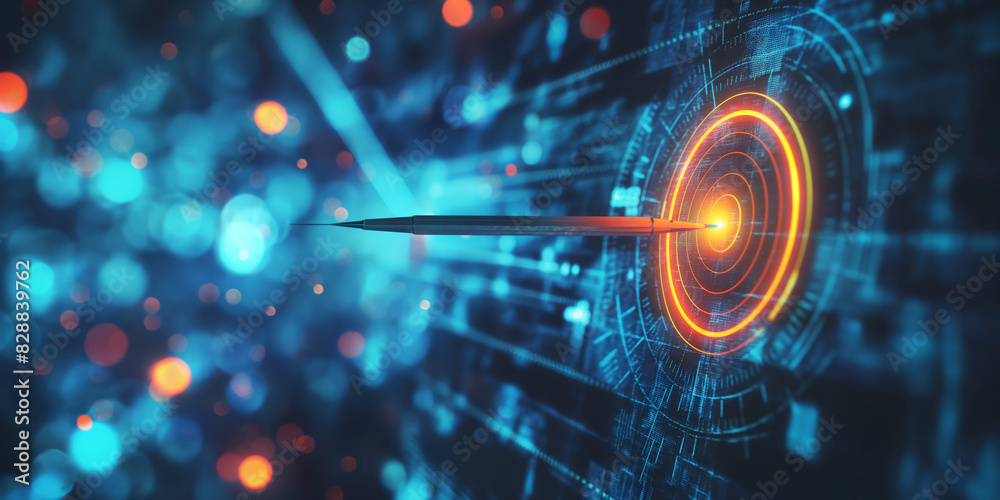 Obraz premium A digital image of a bullseye target surrounded by abstract network patterns, symbolizing precision, focus, and achieving goals in a high-tech environment.