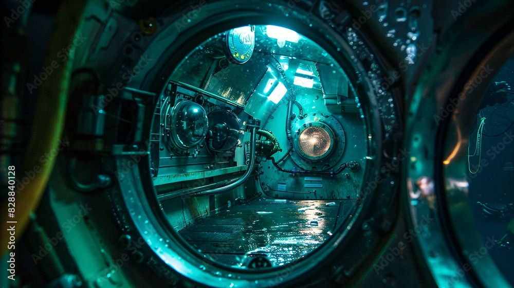 Underwater Photo of AI in Oceanography, in a Research Submarine, with Submerged Lighting, from an Underwater Angle, Exploring AI's Role in Marine Exploration Underwater Photo of AI in Oceanography, in a Research Submarine, with Submerged Lighting, from an Underwater Angle, Exploring AI's Role in Marine Exploration