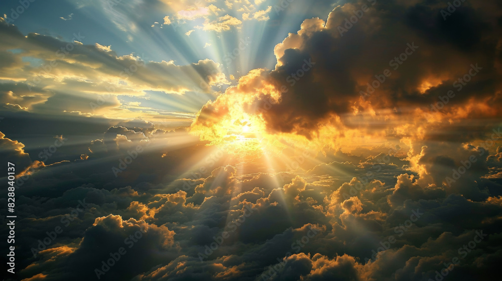 The sun is shining through the clouds, creating a beautiful and serene scene
