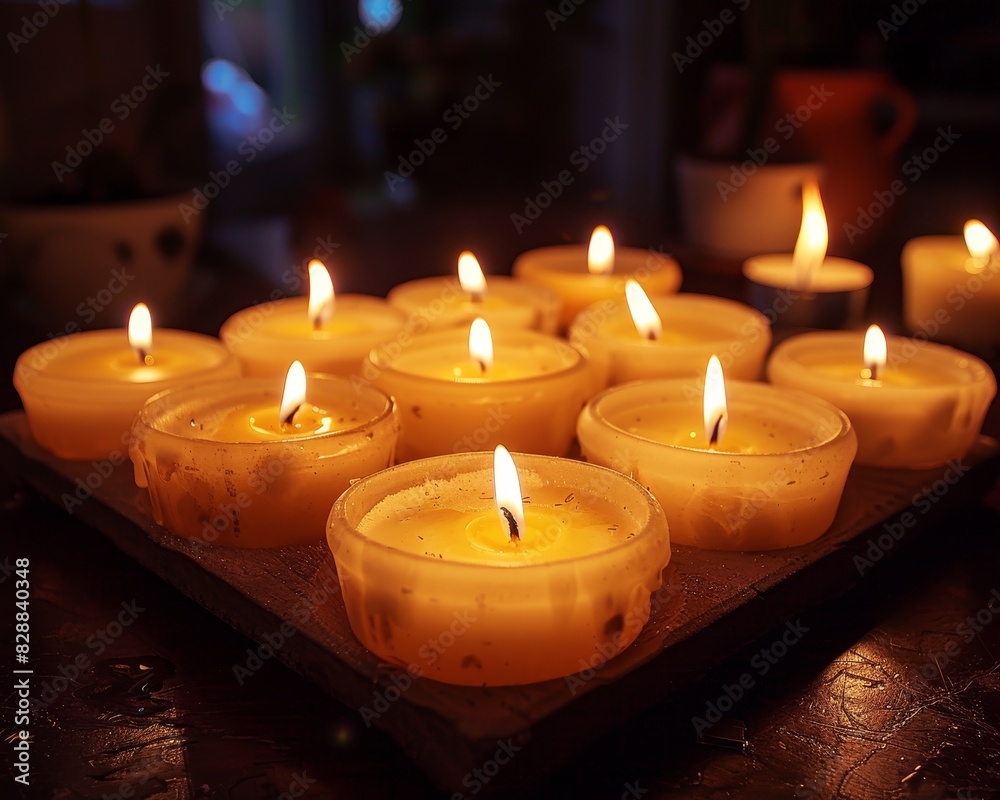 A table with candles in small containers A table with candles in small containers
