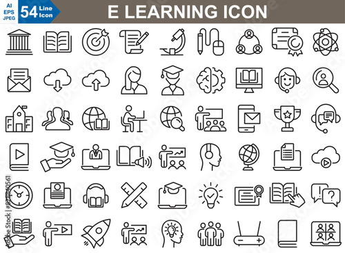 A vector set of E-learning icons in Illustrator, depicting online education elements like virtual classrooms, e-books, courses, webinars, and interactive tools.