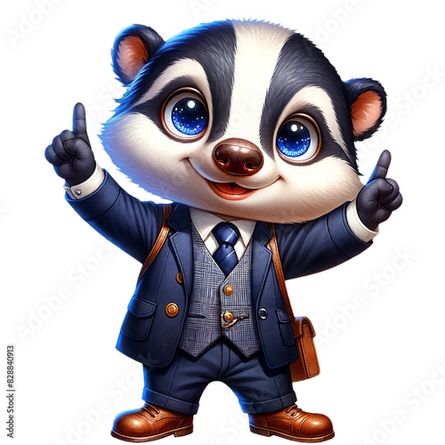 Adorable cartoon badger dressed in a professional business suit, enthusiastically pointing up with both hands.