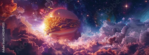 A surreal image of a giant burger and fries floating in space generated by AI © PZPIXEL.AI