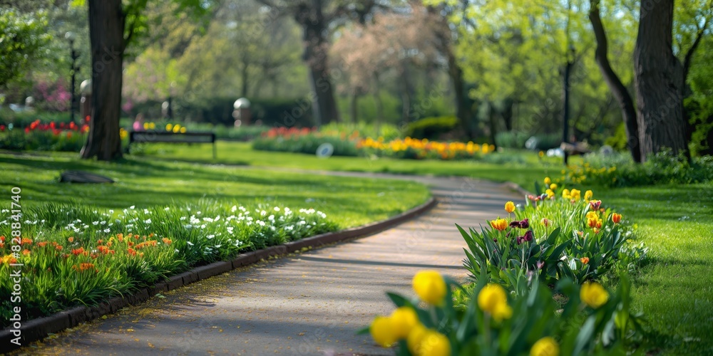 A picturesque walking path through a green park filled with blossoming tulips and other flowers in spring