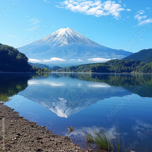 Mount Fuji reflected in the calm waters of Lake Kawaguchi