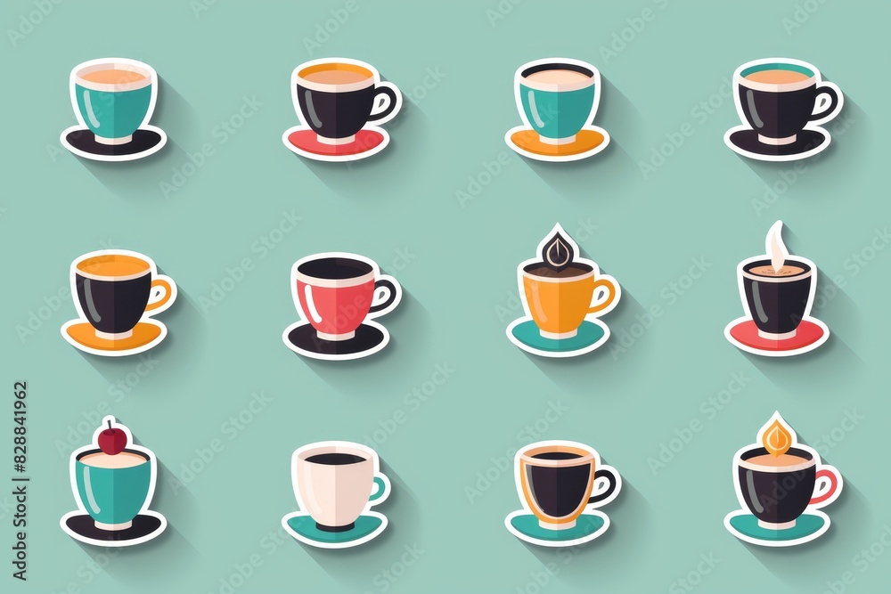 Fototapeta premium Artistic Coffee Cup Patterns on a Teal Background, Perfect for Coffee Lovers