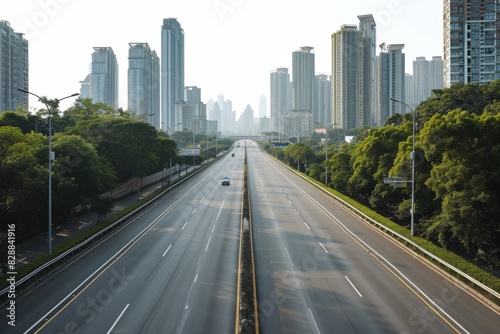 Empty highways and urban skylines  A photo of Empty asphalt road and modern city  AI generated