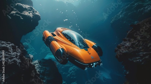 Autonomous underwater drone exploring the depths, equipped with advanced sonar for marine research and discovery. photo
