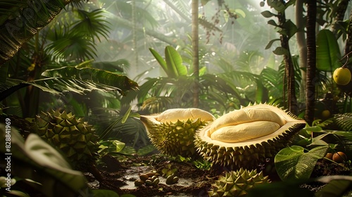 Durians Exotic Allure Peeled Halves Nestled in a Lush Rainforest Habitat Generative ai photo