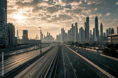 Empty highways and urban skylines  A photo of Empty asphalt road and modern city  AI generated