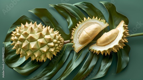 Exotic Flavors Unveiled Two Pieces of Succulent Durian on a Vibrant Tropical Leaf Generative ai photo