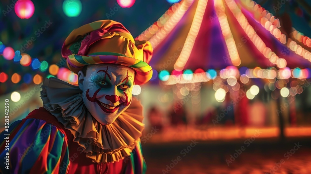Enigmatic Clown at Festive Carnival Night Enigmatic Clown at Festive Carnival Night