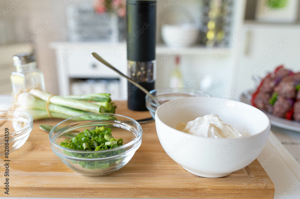 Ingredients for a homemade dipping sauce on a cutting board Ingredients for a homemade dipping sauce on a cutting board