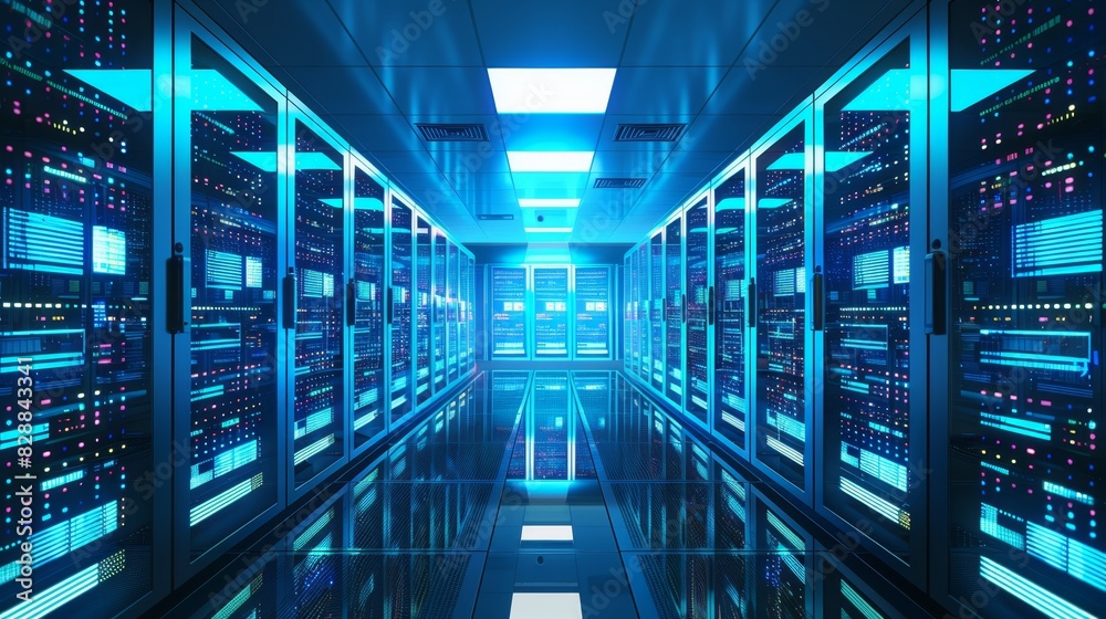 Fototapeta premium Futuristic Server Room with Blue LED Lighting in Data Center