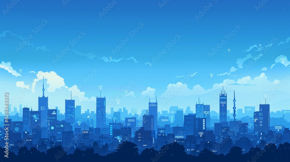 Futuristic Cityscape at Twilight with Digital Connectivity Icons Futuristic Cityscape at Twilight with Digital Connectivity Icons