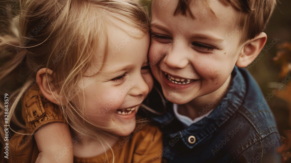A close-up of siblings laughing together, their faces full of joy and connection. A close-up of siblings laughing together, their faces full of joy and connection.