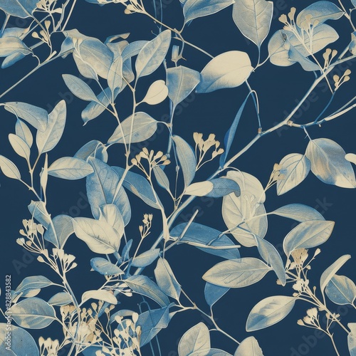 Elegant Cyanotype Botanical Print with Delicate Floral Pattern