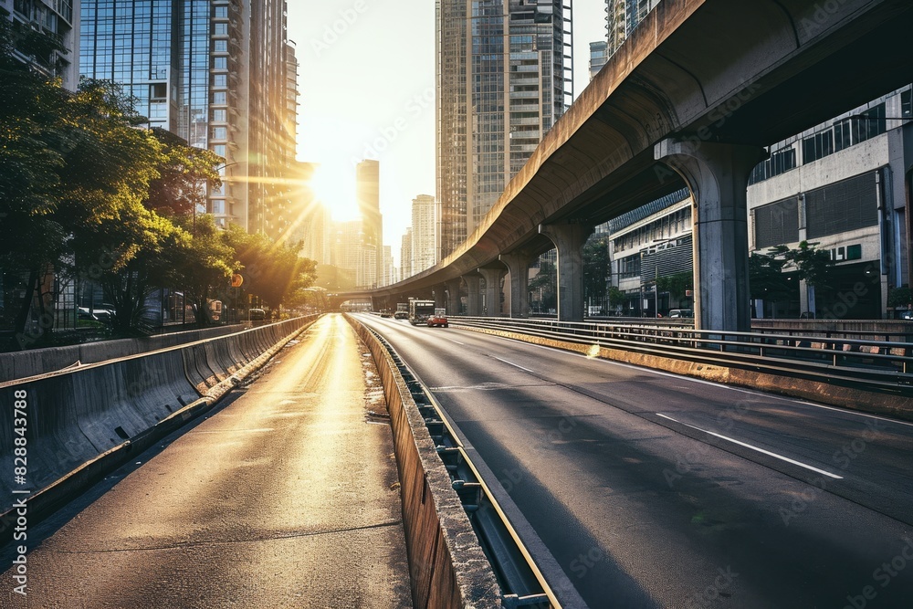 Fototapeta premium Empty highways skylines, A photo of an Empty asphalt road and a modern city, AI generated