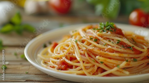 delicious spaghetti with amatriciana sauce served in a rustic dish on a wooden table  italian cuisine concept  food photography