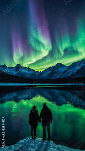 Silhouette of a loving couple holding hands by a calm lake with the beautiful northern lights dancing in the evening sky © The A.I Studio