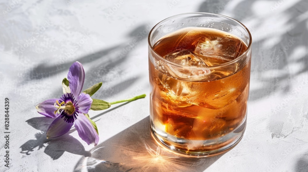 Refreshing Iced Tea with Sunlight Shadows and Purple Flower Refreshing Iced Tea with Sunlight Shadows and Purple Flower