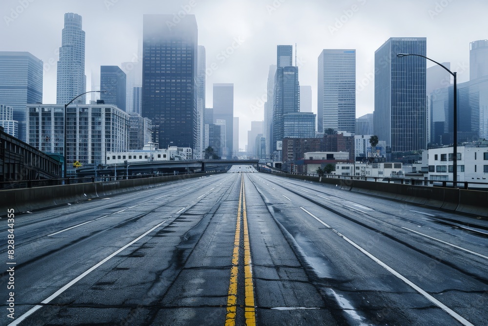 Fototapeta premium Empty highways skylines, A photo of an Empty asphalt road and a modern city, AI generated