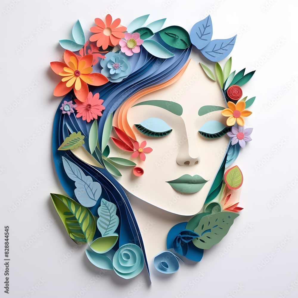 A beautiful woman face with flowers. Paper cut style. Generative AI. A beautiful woman face with flowers. Paper cut style. Generative AI.