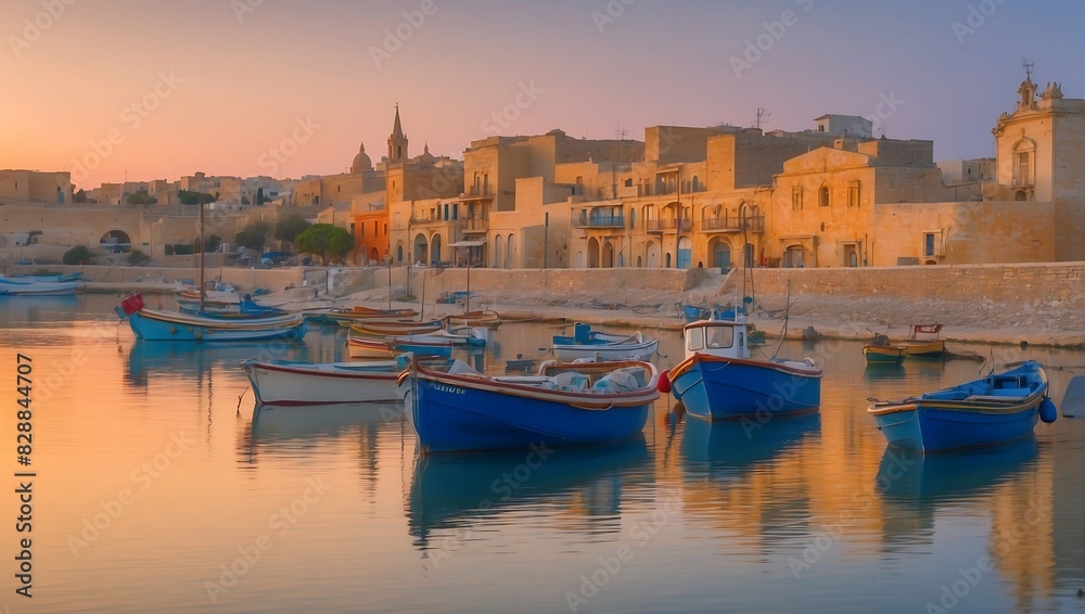 Fototapeta premium harbor at sunset with boats docked in the calm water