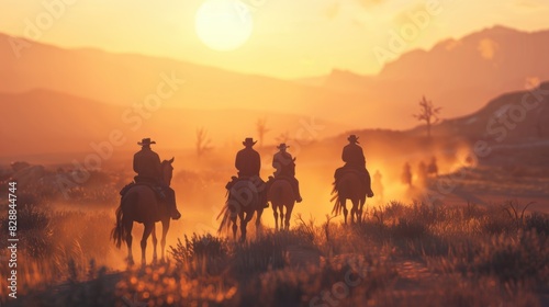 Sunset Silhouettes  Cowboys Riding Horses on Dusty Trail
