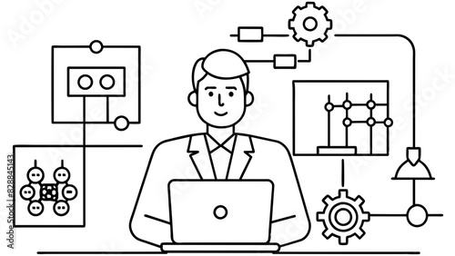 A professional man working on a laptop on a table. Around it are various line art icons representing concepts such as analytics, processes and innovation that form an overarching theme of business.AI 