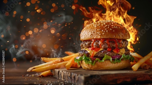 Delicious Grilled Burger with Crispy French Fries and Fiery Flame in Background, Perfect for Food and Restaurant Marketing photo