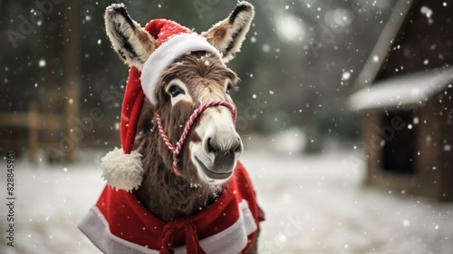 Portrait of a donkey in Santa hat. Christmas background.