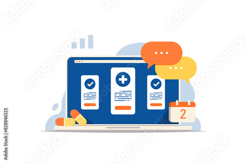 Announcement of health results online, Laptop screen with calendar, drug on isolated background, Vector illustration.