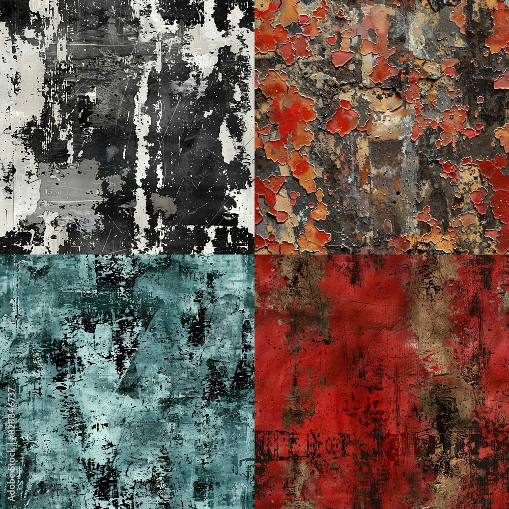 Fototapeta premium The image is a collage of four square panels, each with a different distressed texture. The top left panel features a black and white grunge texture with streaks and splatters of paint. The top right 