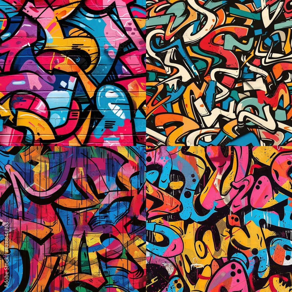 The image is divided into four equal quadrants, each featuring a different colorful graffiti-style artwork. The artworks consist of a vibrant mix of abstract shapes, curved lines, and letter-like symb The image is divided into four equal quadrants, each featuring a different colorful graffiti-style artwork. The artworks consist of a vibrant mix of abstract shapes, curved lines, and letter-like symb