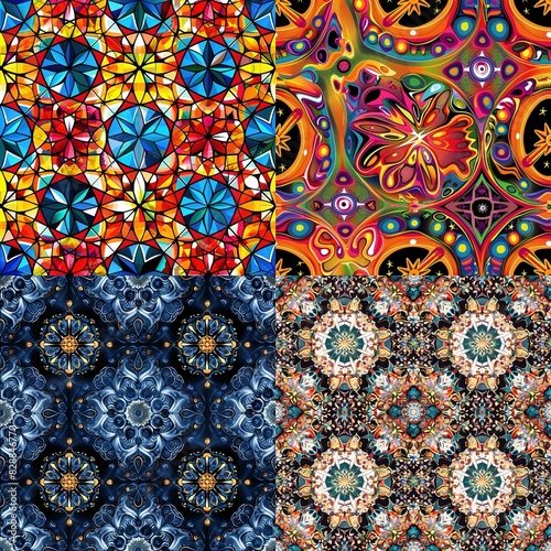 The image is a collage of four different intricate patterns, each occupying a quarter of the square frame. In the top left, there is a colorful geometric pattern with a stained glass appearance, featu