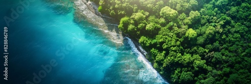 Bird's eye view shot showing the contrast between the dense green forest and the deep blue sea along a coastline photo