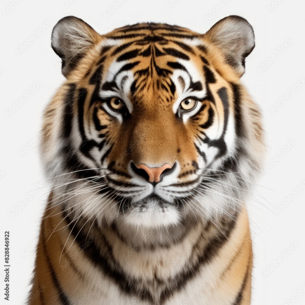 Tiger face, captured on a white background. Tiger face, captured on a white background.