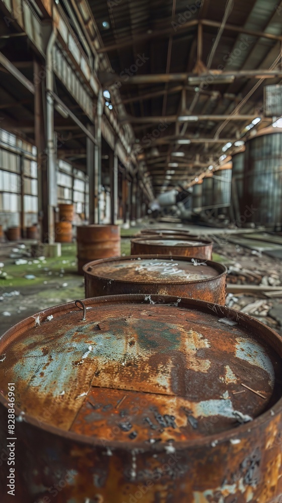 Abandoned chemical plant with leaking barrels and toxic waste, evidence of environmental disaster Abandoned chemical plant with leaking barrels and toxic waste, evidence of environmental disaster