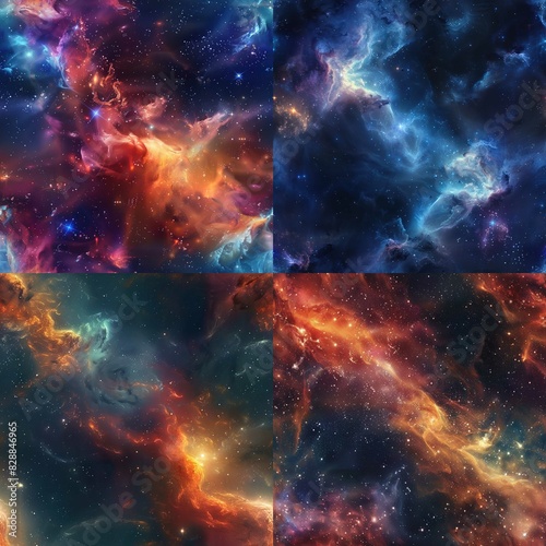 The image is a composite of four square panels  each depicting a colorful and vibrant scene of outer space with nebulae and stars. The top-left panel showcases an array of pinks  blues  and oranges  w